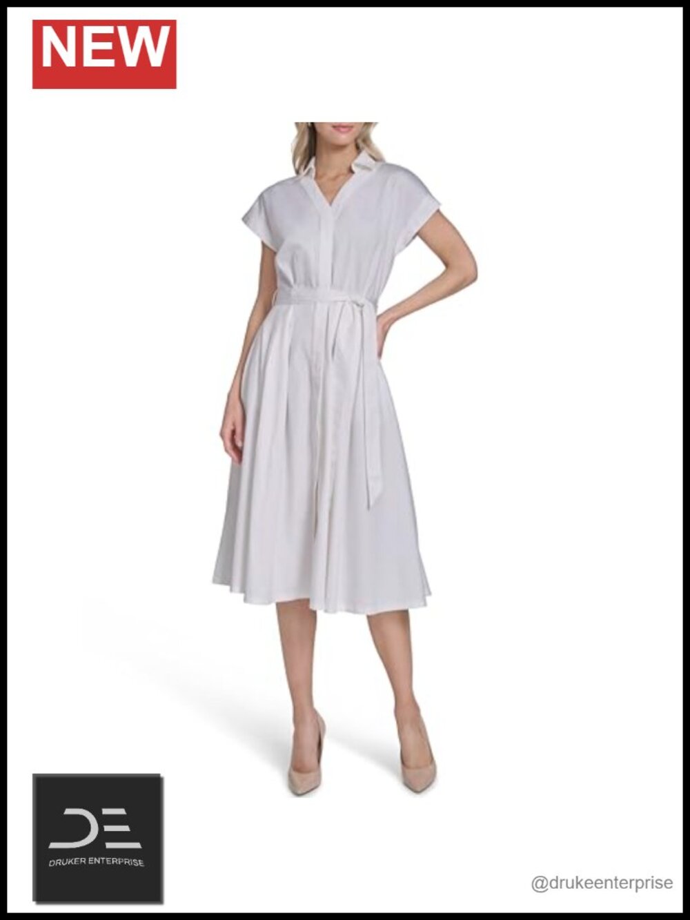 Calvin Klein Cap Sleeve Cotton Midi Shirt Dress A-Line Button Front